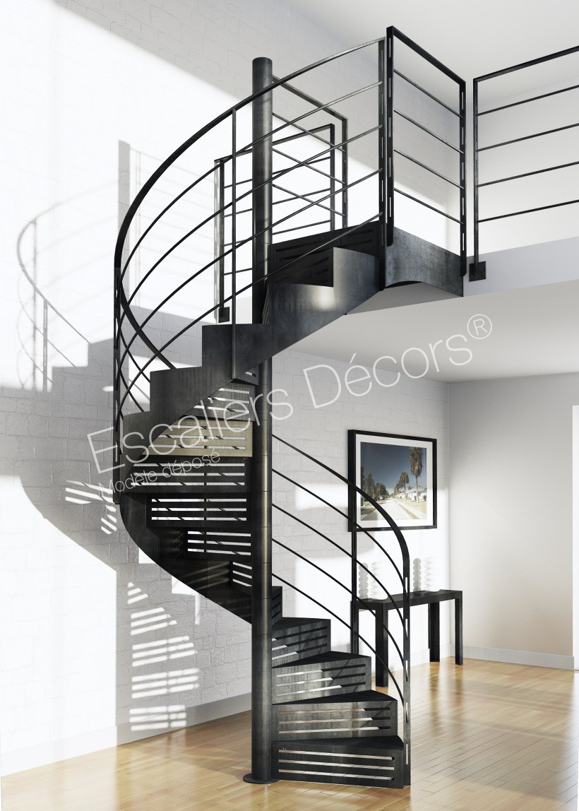 Photo DH113 - SPIR'DÉCO® Graphique. Escalier d'intérieur métallique en colimaçon. Mobilier métal fabriqué par Escaliers Décors®.